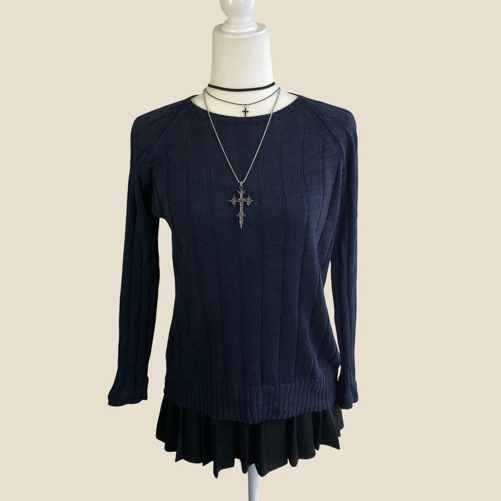 Vintage Y2K Brooks Brothers 100% Silk Knit Sweater Navy Blue Womens M Crewneck